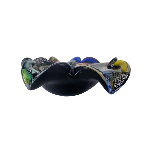 Vtg Avem Murano Glass Bowl Rolled Edges Silver Detail Black Multicolor Ashtray